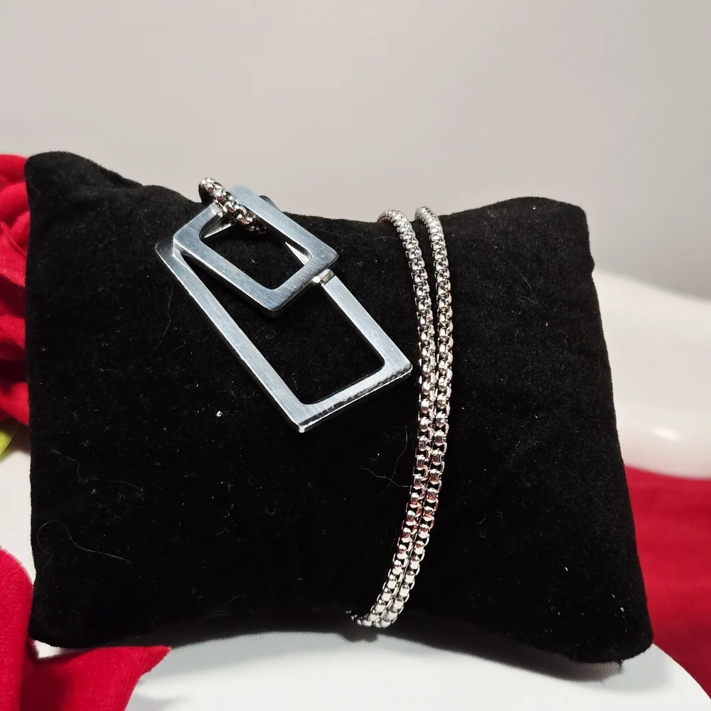 Silver Geometric Rectangle Pendant Necklace Stainless Steel Unisex 24